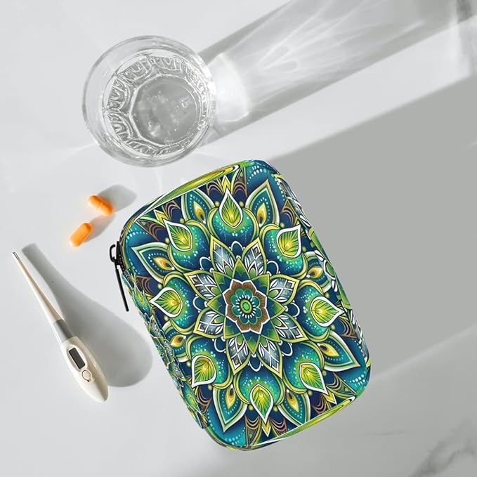 Boho Mandala Pattern Pill Case Everyday Travel, 7 Day Weekly Medicine Pill Box Compact Portable Pills Bottle Organizer with Zipper for Daily Vitamin Medicine Holder Bottle Organizers Bag