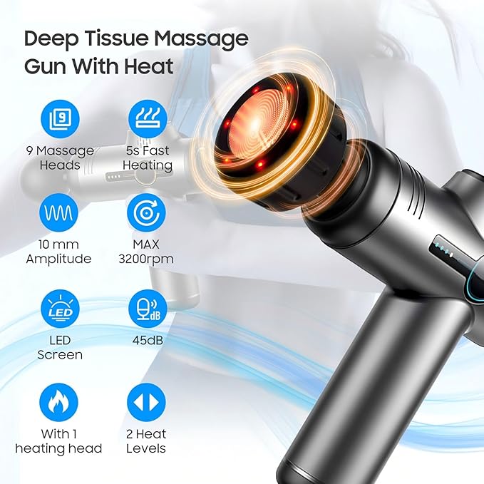 Massage Gun with Heat, Compact Handheld Massager for Home, Office & Gym, Mini Massage Gun with 7 Massage Heads, Quiet and Portable