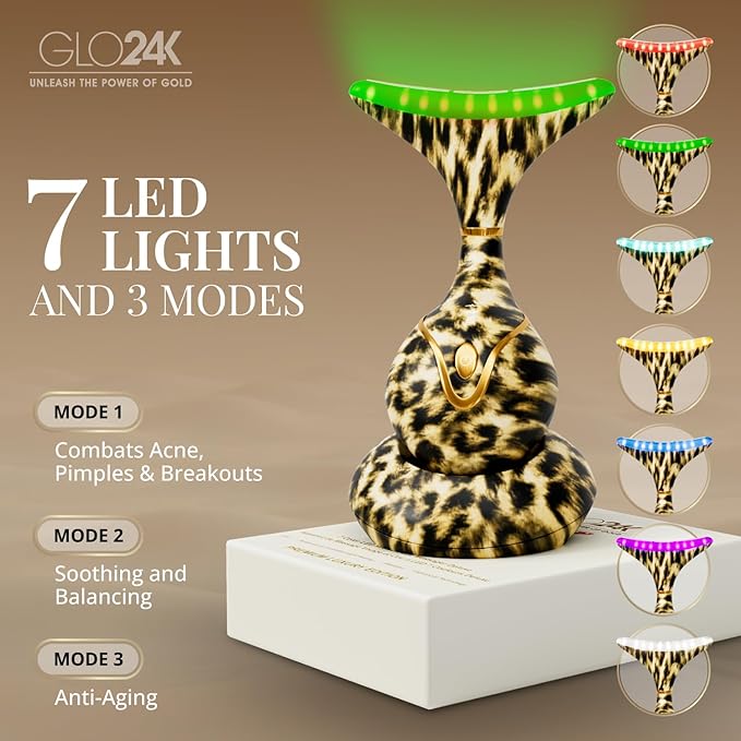 GLO24K Red Light for Face and Neck Beauty Device – Triple LED Action & Vibration Technology Facial Massager and Neck Comfort Device for Women