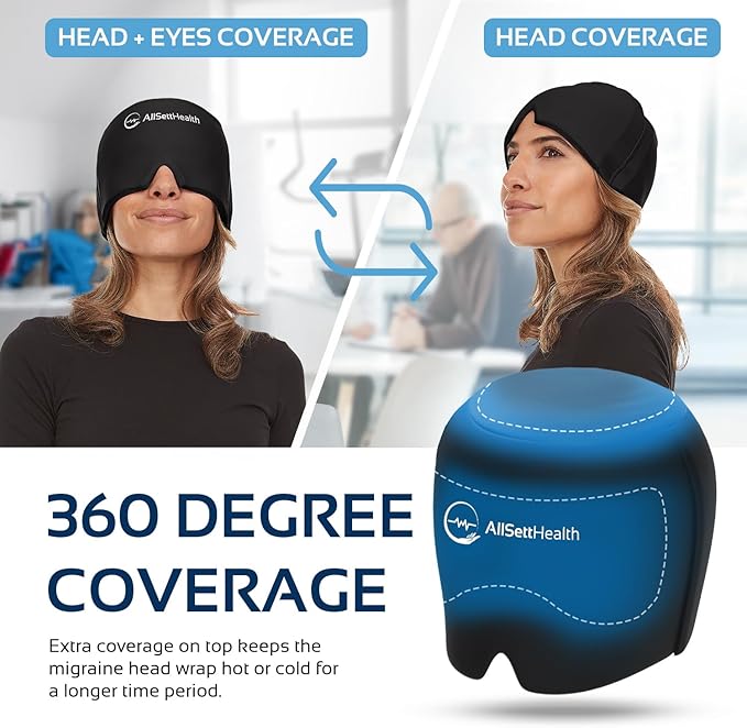 Migraine Relief Cap Ice Head Wrap and Hat | Hot/Cold Gel Pack with Face and Eye Mask Compress for Headache Relief - Black