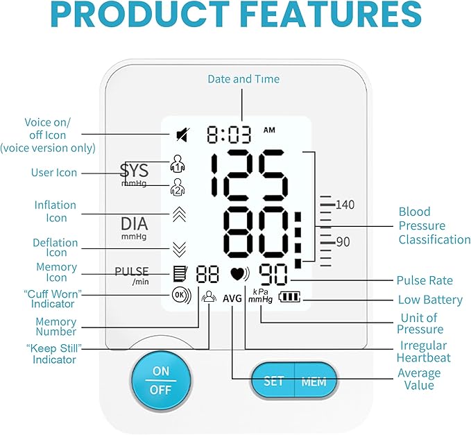Blood Pressure Machine - Automatic Blood Pressure Monitor for Home Use - Large 4 Color LCD Screen and Adjustable Large Cuff for Reliable Readings - Irregular Heartbeat and Hypertension Detection