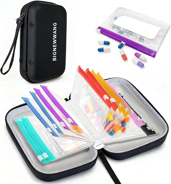 Extra Large Weekly Waterproof Pill Organizer Set, Reusable Pill Bags with 14 Coded AM PM Pouches for Home and Travel, 7 Day Portable Medicine Pill Case for Fish Oils, Vitamins (Black)