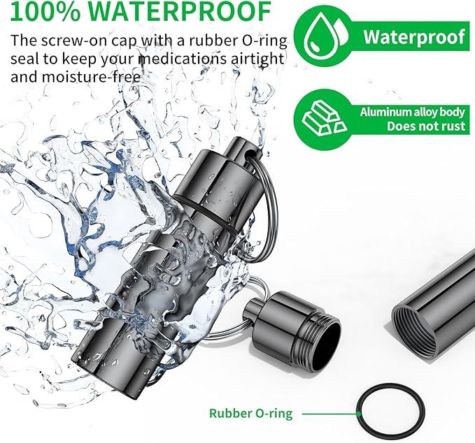 Small Pill Box,(2 Pack+2*Carabiner Clips) Keychain Pill Holder Portable Mini Travel Pill Container Metal Case Bottle with Keyring