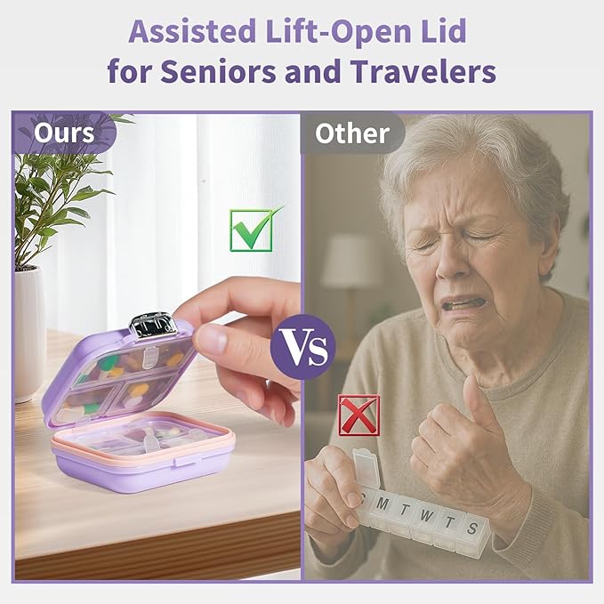 Daviky Travel Pill Organizer,Small 7-Compartment Pill Box for Vitamins & Medications, Compact Medicine Case for Pocket or Purse(Purple)