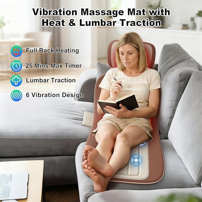 Vibration Massage Mat with Heat, Full Back Heating & Lumbar Traction, Back Massage Chair Pad for Seniors, Office Workers & Family, 3 Intensities & 2 Heat Levels, Fatigue & Pain Relief in Office, Home
