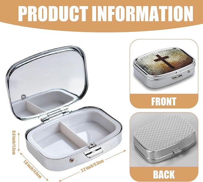 Blessed Pill Box-2 Compartment Small Pill Case Square Organizer Case with Mirror Portable Metal Medicine Box Travel Container for Pocket & Purse Women Men(Jesus Cross)