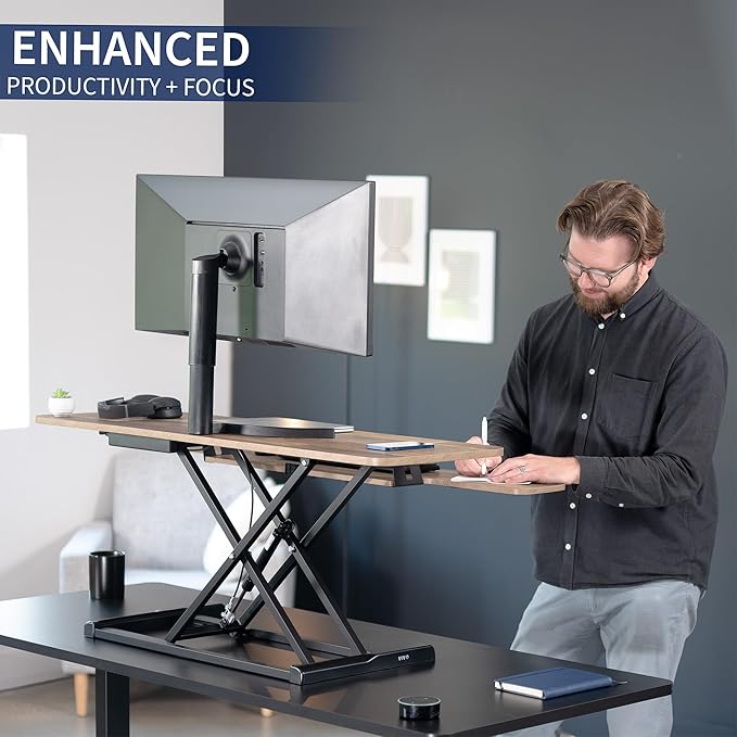 VIVO 48 inch Desk Converter, K Series, Height Adjustable Sit to Stand Riser, Dual Monitor and Laptop Workstation with Wide Keyboard Tray, Reclaimed Wood Top, Black Frame, DESK-V048KP