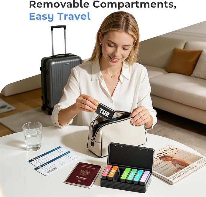 Betife Removable Travel Pill Organizer, Weekly Pill Organizer for 1 Time a Day with Easy Sliding Drawers, Large Pill Box with Airtight Seals for Supplements and Vitamins, Black