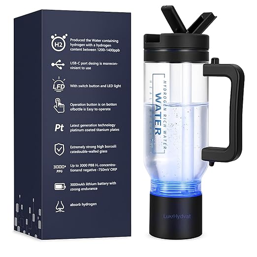 Hydrogen Water Pitcher with Handle: Smart 32 Oz Hydrogen-Enriched Kettle with Dry Electrolysis, Self-Cleaning, Tilt Protection, USB-C Rechargeable