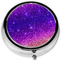 Beautiful Purple Glitter Sparkles Pattern Custom Round Silver Pill Box Pocket Medicine Tablet Holder Organizer Case for Purse