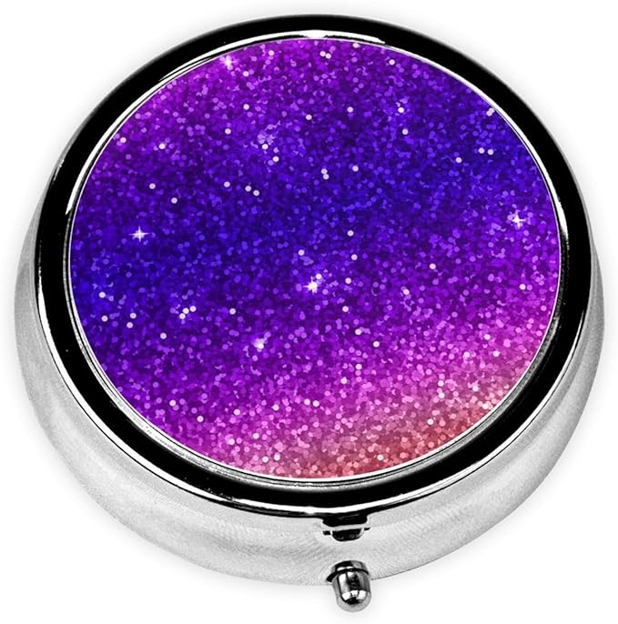 Beautiful Purple Glitter Sparkles Pattern Custom Round Silver Pill Box Pocket Medicine Tablet Holder Organizer Case for Purse