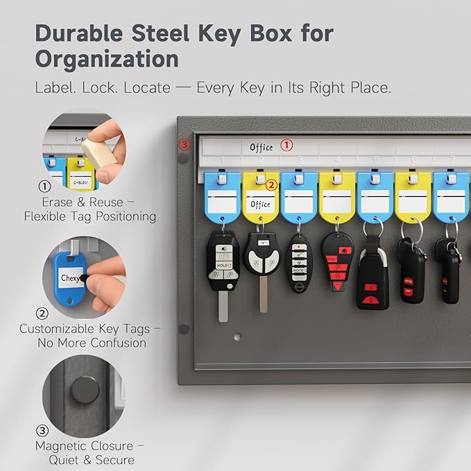 16 Key Lock Box – Wall Mounted Key Cabinet with Magnetic Door & Key Tags, Steel Lockable Key Organizer for Home, Garage & Small Office