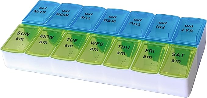Weekly (7 Day) Pill Organizer, 2 Times a Day AM/PM Pill Case and Planner, Portable Vitamin Containers for Travel(Blue-Green)