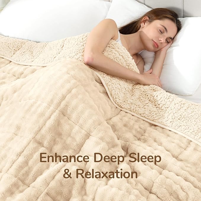 Cottonblue Weighted Blanket 15lbs Bubble Fleece Plush Sherpa Heavy Weighted Blankets for Adults, Fits Queen Size Bed, Cute Fuzzy Warm Heavy Blanket for Calm and Better Sleep, 60"x80", Beige