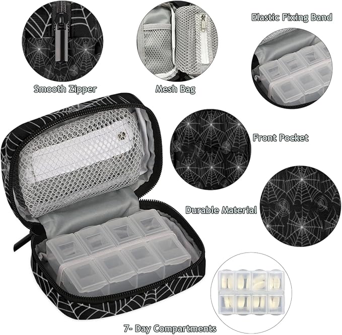 Spider Web Halloween Pill Case Bag with Zipper Small Travel Pill Box with 7 Day Removable Plastic Medicine Organizer Fashion Portable Weekly Pill Container Bag for Medicine, Vitamin, Supplement
