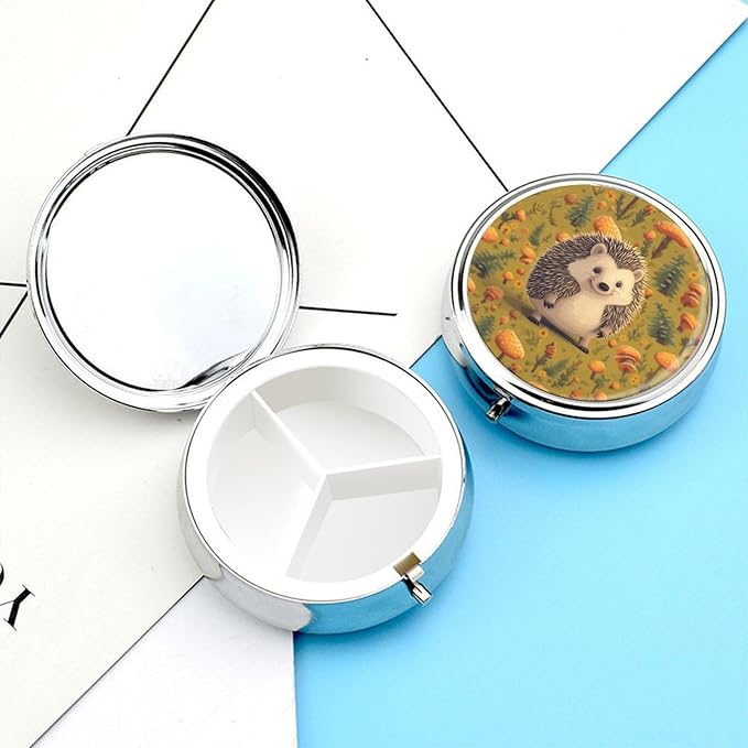 Hedgehog Pill Box Travel Pill Case for Purse Pocket Weekly Medicine Organizer with Mirror 3 Compartment Round Medicine Case Portable PillcaseHolder for Daily