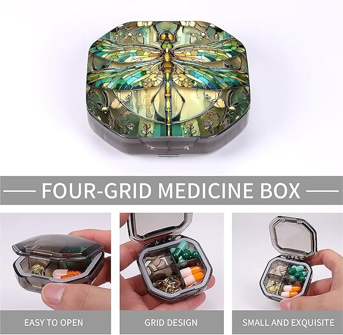 This Portable Vintage Stained Glass Dragonfly Pattern 4-Compartment Pillbox Can Be Placed in A Pocket Or Wallet to Store Vitamins, Medicines Fish Oil Health Supplements Other Medications.