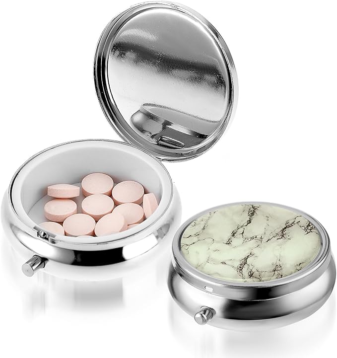 Pill Box Cute Small Pill Box for Purse & Pocket Medicine Organizer Travel Pillbox Waterproof Pills Cases Metal Pills Container Holder for Vitamins, Fish Oil, Supplements (Silver Marbles)