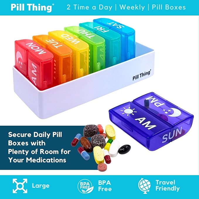 Large Weekly Pill Organizer AM PM, 2 Times a Day Pill Box with Extra-Large Compartments, 7 Day Color-Coded Cases, Secure Snap-in Tray, BPA Free (2X a Day - 1 Pack)