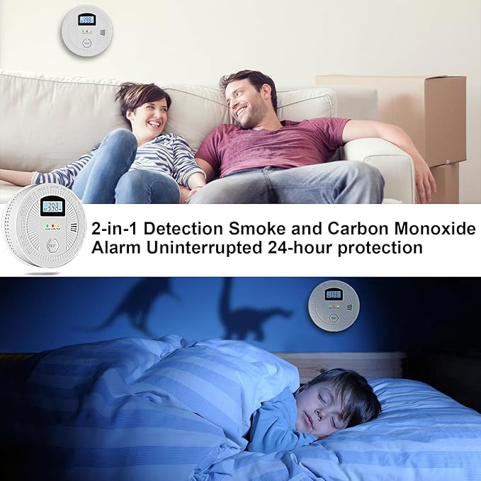5 Pack Combination Photoelectric Smoke and Carbon Monoxide Alarm Detector with LCD Display; Battery-Operated Smoke Carbon Monoxide Alarm