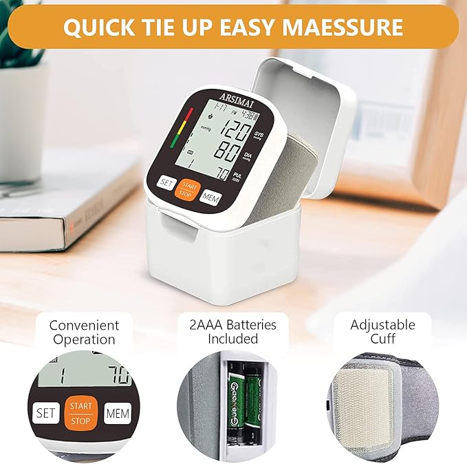 Automatic Wrist Blood Pressure Monitor: Adjustable Cuff + 2AAA Battery and Storage Case - Irregular Heartbeat Detector & 198 Readings Memory Function & Large LCD Screen