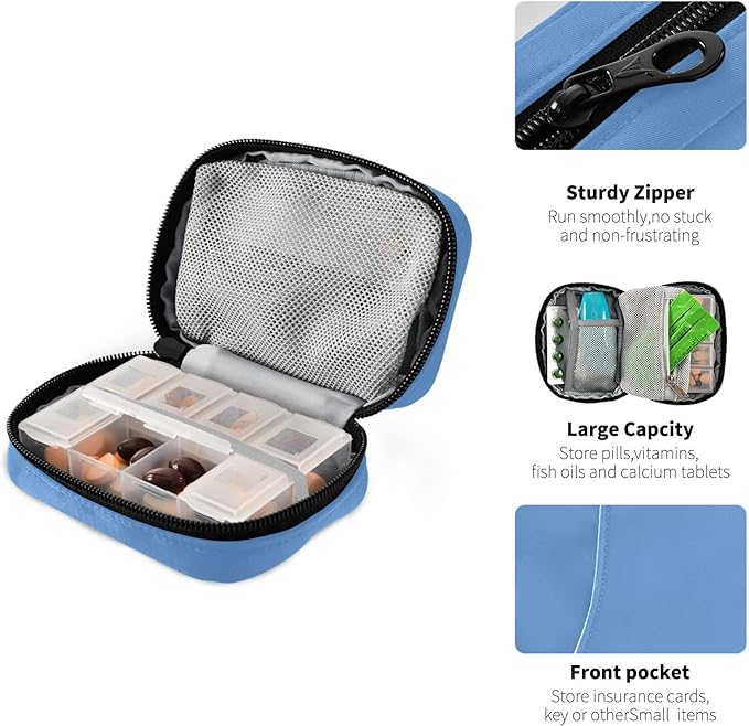 Pill Box 7 Day Pill Case Travel Pill Organizer Bag with Zipper Portable Weekly Case Compact Size for Vitamin Supplement Holder, Solid Color Sky Blue