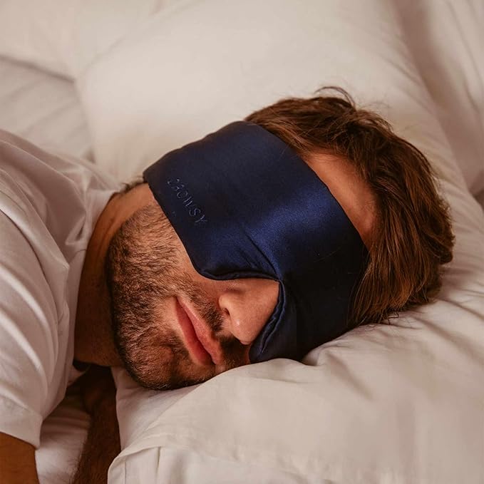 DROWSY Silk Sleep Mask Set - Face-Hugging, Padded Silk Cocoon for Luxury Sleep in Total Darkness - Eye Masks for Sleeping & Travel, 100% Pure Mulberry Silk, Adjustable - Midnight Blue (Set of 2)