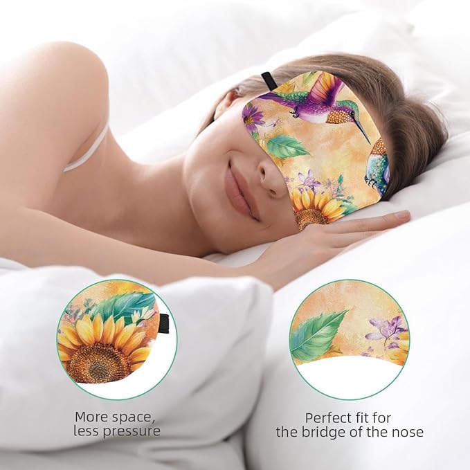 2 Pack Sleep Eye Mask for Women Men, Soft Breathable Eye Cove No Pressure Blackout Night Blindfold for Sleeping Light Blocking with Adjustable Strap, Hummingbirds Sunflower Butterfly