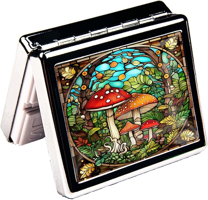 Travel Pill Organizer 7 Day Metal Pill Box with Mirror and 8 Compartments Cute Travel Pill Organizer for Purse (Mushroom Garden)