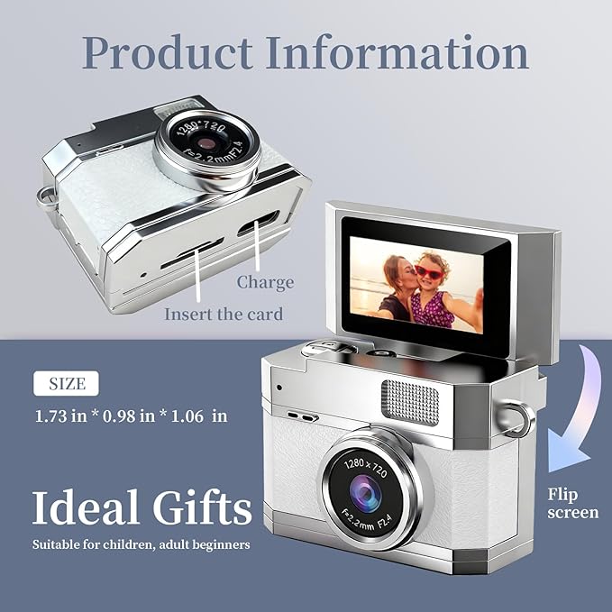 ‌Mini Keychain Digital Camera White - HD Mini Digital Camera with 0.96" Flip Screen & 32GB Card, Portable Wearable Keychain Camera for Bag Charm, Necklace Pendant, Selfie, for Mom
