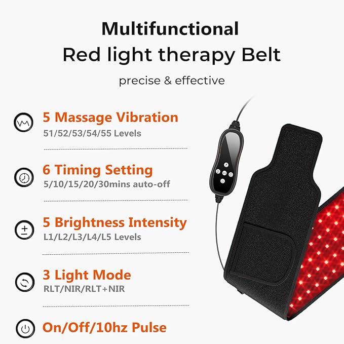 Infrared Red Light Therapy Belt Led Lamp Vibration Body Adjustable Heating Pad Massage Wrap, 660nm Sculpt Waist Band Red Light & 850nm Near Infrared Pad Vibrate for Shoulder, Back Pain Relief Device
