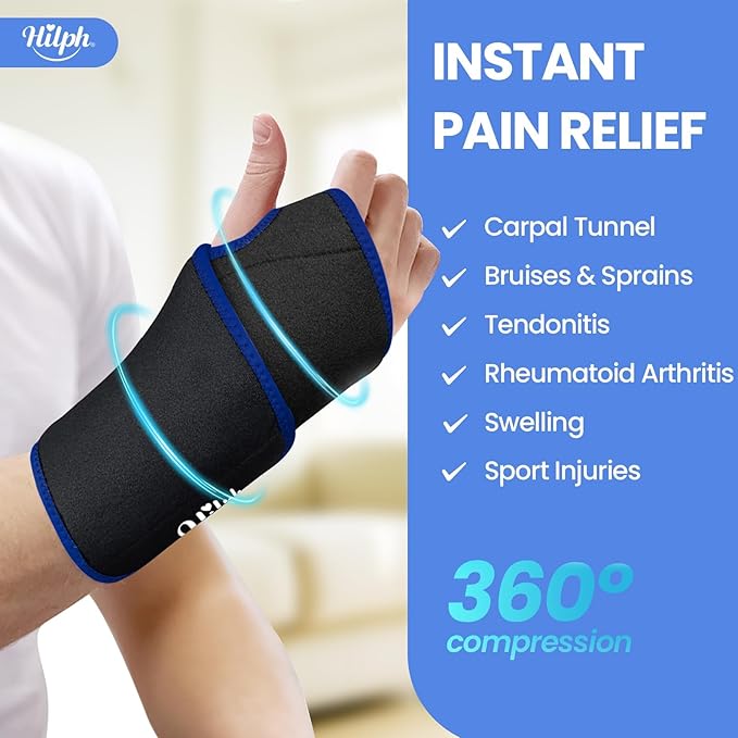 Hilph Wrist Ice Pack Wrap, Reusable Wrist Brace with 2 Gel Hot Cold Compression Packs for Injuries, Hand Ice Pack for Carpal Tunnel, Rheumatoid, Tendonitis, Swelling, Black