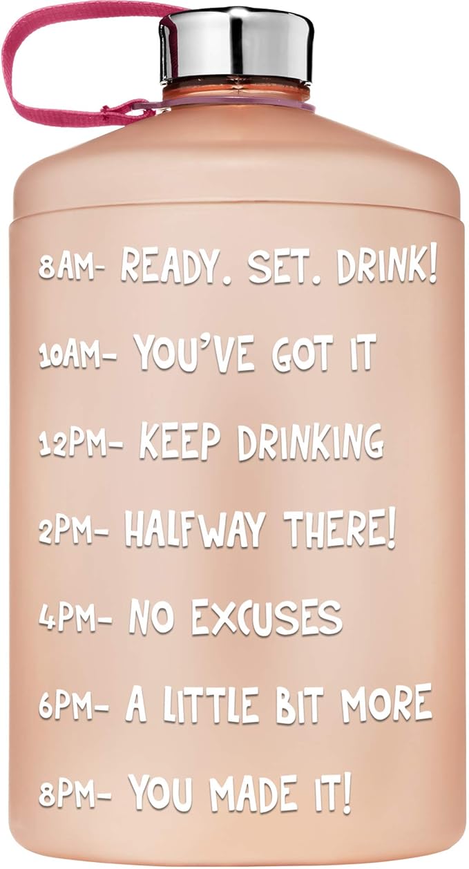 NatureWorks HydroMATE 1/2 Gallon Water Bottle with Times to Drink BPA Free Leak Proof Reusable Jug with Handle 64 oz (Rose Gold)