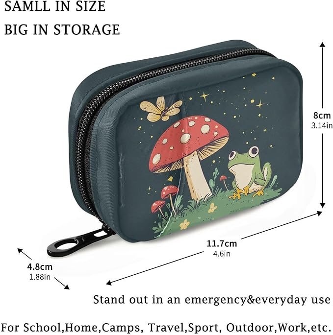 Fustylead Cute Frog and Red Mushroom Butterfly Travel Pill Case Bag with Zipper Weekly Pill Box 8 Compartments 7 Day Personal Pill Case Purse Medicine Case Organizer
