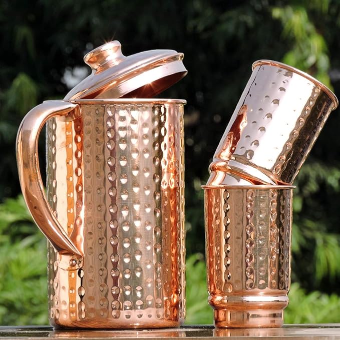 Copper Pitcher with 2 Copper Cups Set | Pure Copper Water Jug & matching tumblers Set for Home & Wellness, Hammered Finish Handcrafted for Daily Hydration & Natural Living
