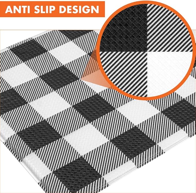 OPUX Anti Fatigue Kitchen Floor Mat, Reversible Cushioned Memory Foam Kitchen Rug Pad, Waterproof Non-Slip Padded Comfort Standing Mat Laundry Home, 32x17 (Buffalo Check Black White Herringbone)