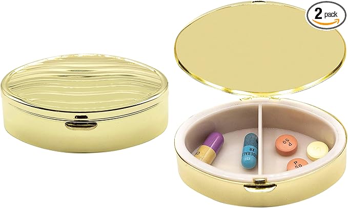 Set of 2 Oval-Shaped Pocket Purse Pill Box & Organizer with Dual Compartments (Gold Waves)