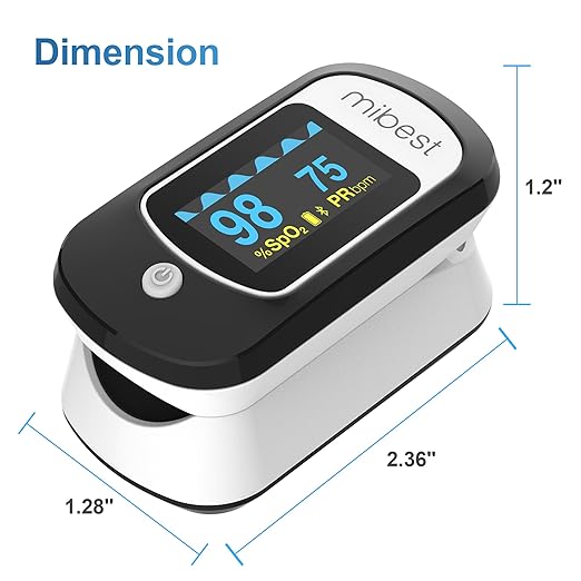 Mibest CN368R Bluetooth Pulse Oximeter - Blood Oxygen Saturation Monitor with App - SpO2, Pulse Rate, Respiration Rate, Plethysmograph and PI - Compatible with iOS & Android Smartphones - Free App