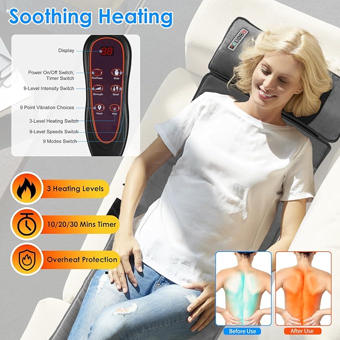 Full Body Massage Mat with Heat & Neck Lumbar Massager Pillow,Multifunctional Back Heated Mattress Pad with 10 Vibration Motors, 3 Heating Pads & 9 Massage Modes, for Neck Back Leg Pain Relief