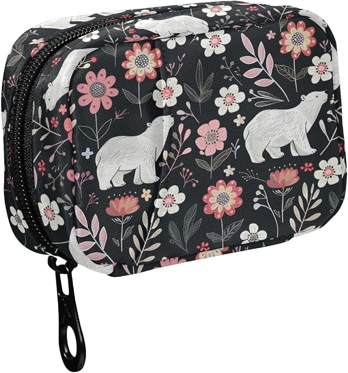 Fustylead Cute White Polar Bears and Beautiful Flowers Pill Organizer for Purse, Weekly Portable Pill Box with Zipper to Storage Vitamins Fish Oils Medications Supplements