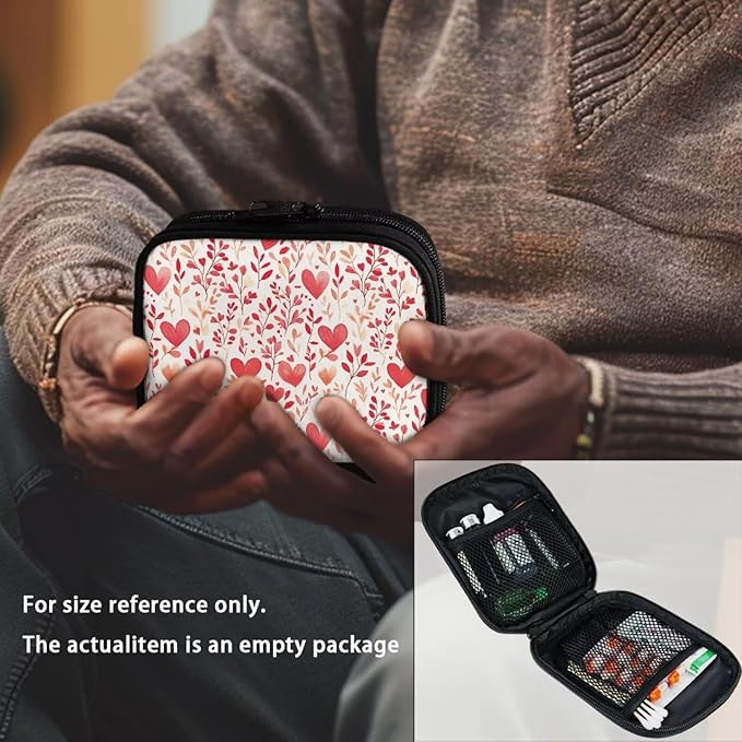 Heart Print Travel Medicine Case Leaves Weekly Pill Organizer Box Washable Small Vitamin Storage Bag Portable Supplement Holder with Zipper