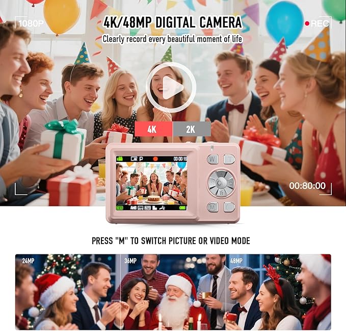Digital Camera, 4K 48MP Autofocus Dual Screen for Selfies, 18X Zoom Fill Light, Portable Point and Shoot Travel Camera with 32GB SD Card for Kids, Teens, Girls, Boys- Pink