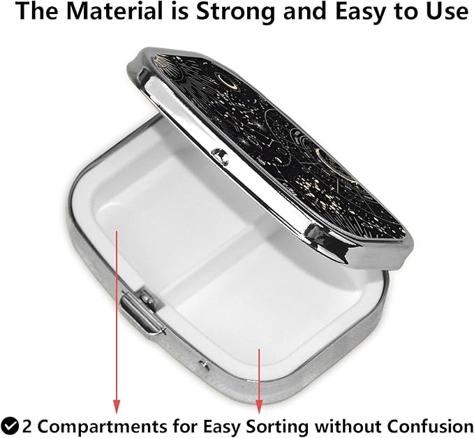 ABLESKY Pill Box, 2 Compartment Pill Organizer Case for Pocket or Purse, Small Portable Metal Travel Medicine Box with Mirror, Daily Vitamins Fish Oil Container-Tarot Constellation Moon Sun