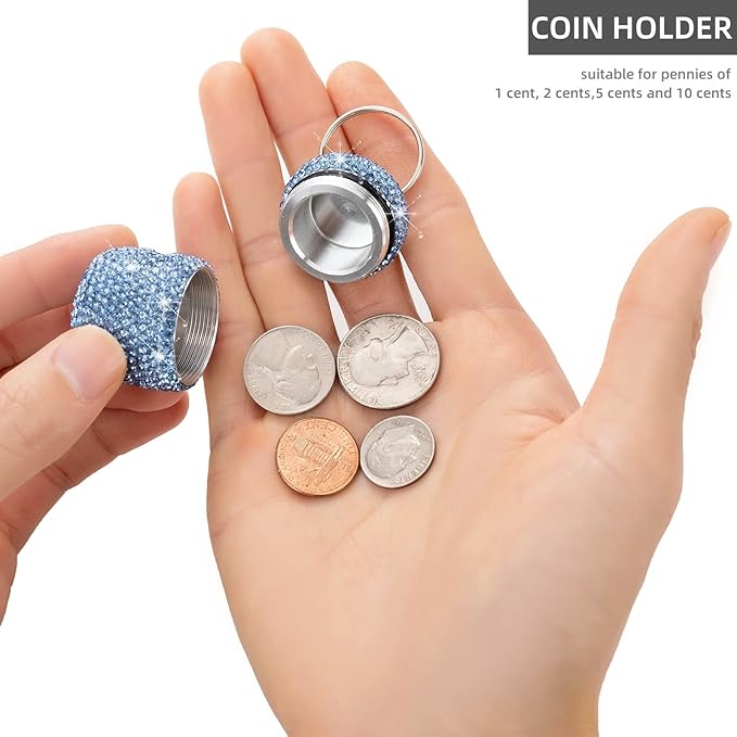 Bling Rhinestone Pill Bottle Organizer Daily Travel Pill Case Container Ring Holder Small Medicine Holder Box for Vitamin Supplement Gum with Keychain(Light Blue)