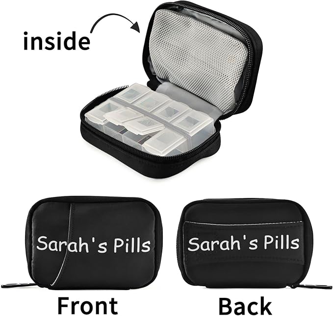 Naanle Pill Case with Name Box 7 Day Travel Organizer Bag Zipper Portable Weekly Compact Size for Vitamin Supplement Holder, 4.6 x 3.14 x 1.88 Inch, 1 White