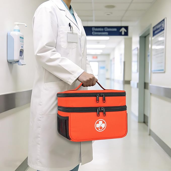 Dual Layers Medicine Organizer Bag, Pill Bottle Organizer Storage with Lockable Zipper, Lockable Medicine Travel Case for Pills, Vitamins, Medical Supplies, Orange（Lock not Included）