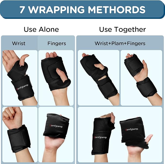 Comfytemp Wrist Ice Pack Wrap for Carpal Tunnel Relief, 2 Gel Packs, Hot Cold Compression Brace for Hand Injuries Reusable, Tenosynovitis, Recovery Items for Men Women (Black)