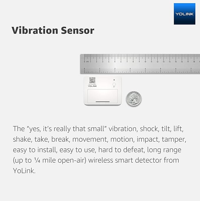 YoLink LoRa Smart Vibration Sensor; Smart Shock, Glass Break, Tamper, Movement Detector, Generator Running, Email/SMS/Push Alerts, 1/4 Mile Open Air Range, Alexa, Hub is not Included