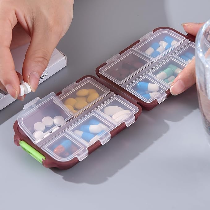 1Pack Travel Pill Organizer - 10 Compartments Pill Case, Compact and Portable Pill Box, Perfect for On-The-Go Storage, Pill Holder for Purse Brown