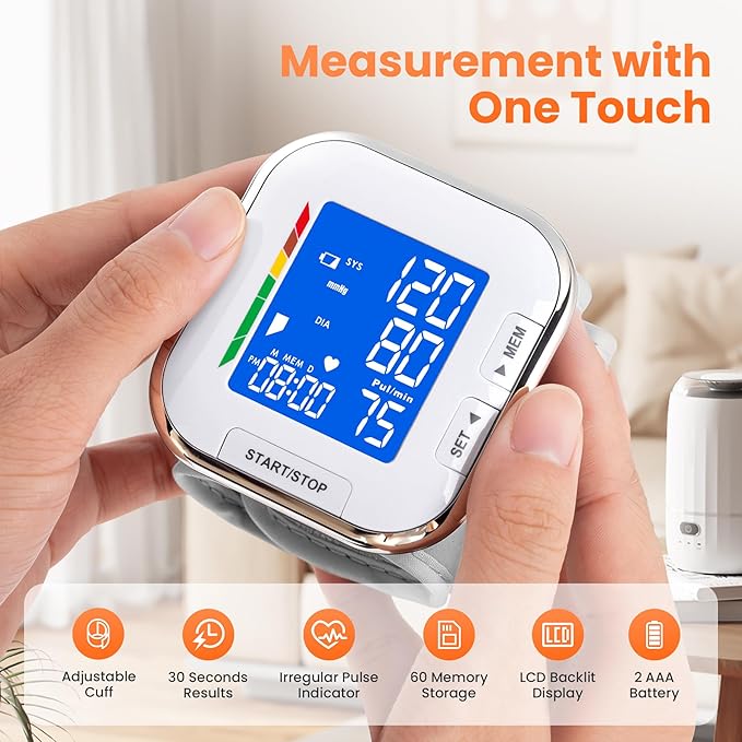 Blood Pressure Monitor Adjustable Wrist Cuff LCD Backlit Display BP Machine for Home Use Stores Up to 60 Readings Batteries Included with Carrying Case, White